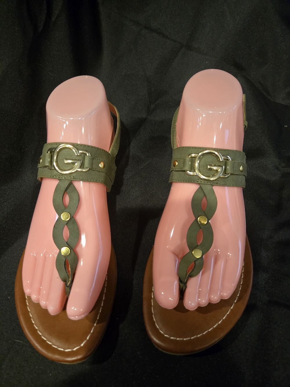 G by Guess Olive Green Braided T-Strap Sandals with Gold Accents